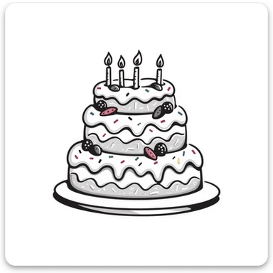 Decorated cake with multiple layers, frosting, and decorative elements. Using specific pastel colors (dd9fb0, ffc6d3, a3bfc9, c4bee2, f1b091). Hand-drawn doodle style with intricate details of icing, sprinkles, and possibly candles or berries. Transparent background. sticker