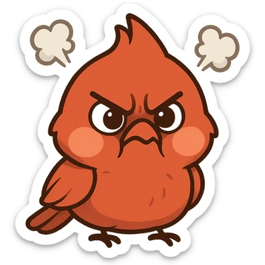 Chibi red male cardinal frowning with puffed cheeks and furrowed brows, steam puffs above head, angry but cute emoji. sticker