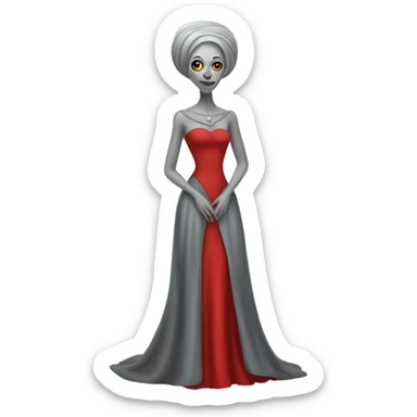a gray alien woman, full body, in red Romanov dress sticker