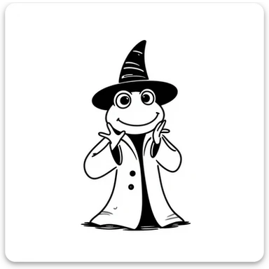 frog wizard shrugging, hand-drawn doodle, whimsical, black lines sticker