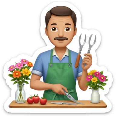 Middle-aged male florist – apron on, trimming stems with scissors sticker
