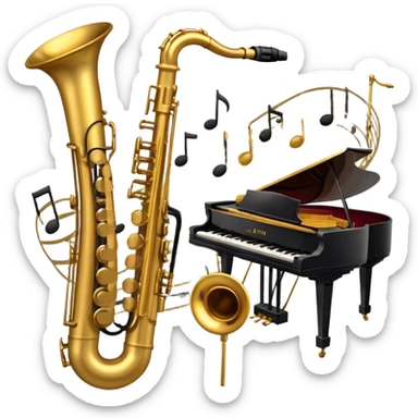 Create a vibrant emoji representing jazz vocal performance. The design should feature a vintage microphone, with musical notes swirling around it, symbolizing the improvisational and expressive nature of jazz singing. Add subtle elements like a jazz trumpet and saxophone in the background to represent the ensemble often accompanying jazz vocals. Include a set of piano keys or a grand piano in the design to reflect the jazz club atmosphere. Use warm, rich colors like deep gold, black, burgundy, and silver to create a soulful and elegant vibe. The background should be transparent. sticker