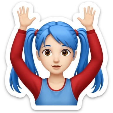 long blue hair girl in pig tails with brown eyes arms up celebrating sticker