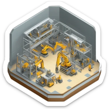 isometric square solid outline border containing indoor creative factory structure people active working machine tools simple clean #edc31b sticker