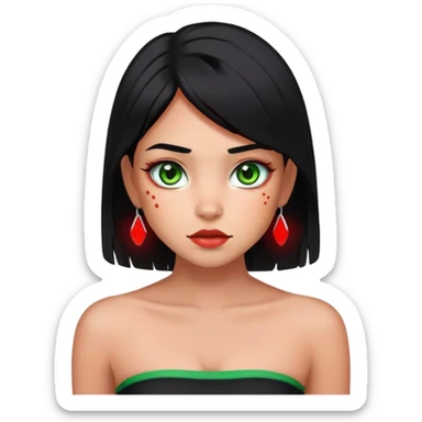 Girl with green eyes. Black hair with red perk-a-boo underlights and frontlights. Medium long hair. Black strapless crop top. Skinny face with birthmark under left cheek. sticker