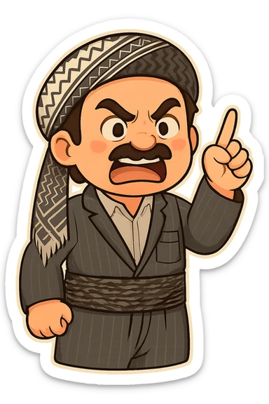 Cartoon sticker of a Kurdish man with the exact same clothes and scarf as the reference image, no changes to clothing or scarf. Face showing anger and rage. One hand raised with the index finger pointing as a sign of threat or warning. Colorful and cheerful style, no shadows or color halos around the image, no text. Suitable for WhatsApp and Instagram, with a completely transparent background. sticker