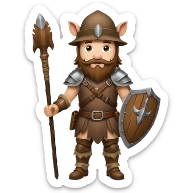 full body man long brown hair brown eyes medium beard white skin wearing boar hat and bark armor sticker