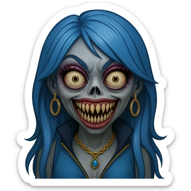 Make the character look creepy while keeping the gyaru style, blue hair, pretty makeup, and bratz baddie vibe. The style should resemble emoji style with no background. sticker