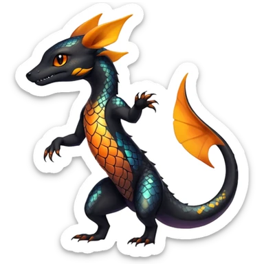 Colorful Iridescent Exotic Black and Orange Salandit-Aurorus-Umbreon-Fakémon-hybrid-creature (full body)  sticker