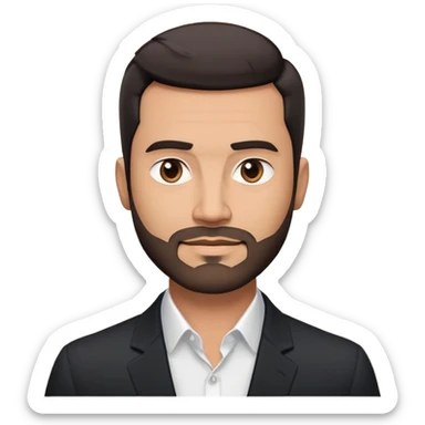 Good-looking robust man in his mid-40s with light brown skin tone, short black hair with evident fade cut, 5 o'clock shadow/scruff instead of beard, strong square face, approachable TV host expression, black blazer left open showing white buttoned shirt sticker