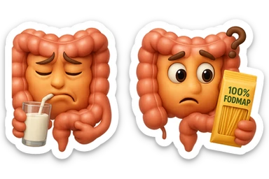 emoji stile iphone di un intestino che beve latte e ha un espressione di dolore e un intestino che guarda un pacco di pasta con la scritta "100% FODMAP" SULL'ETICHETTA CON ESPRESSIONE CONFUSA, iperrealistico 4k, isolato su sfondo bianco sticker
