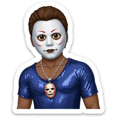 Michael Myers with white mask with brown hair, indigo sequin baggy pants, shirtless with necklace sticker