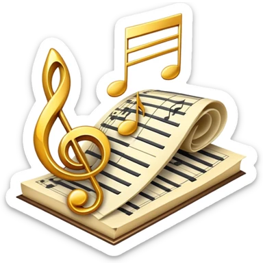 Create a bright and artistic emoji that represents music composition. The design should feature musical notes, a pencil or quill, and a sheet of music, symbolizing the creative process of composing a song. Add a touch of elegance with flowing lines to represent melody and rhythm. Use gold or silver tones for sophistication, and incorporate a mix of vibrant colors to convey creativity. The background should be transparent. sticker