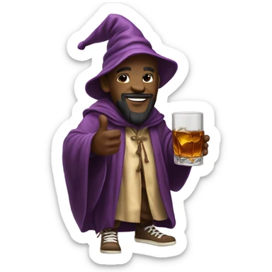 A wizard wearing wavy robes and Jordan sneakers drinking a glass of whiskey in the rain sticker