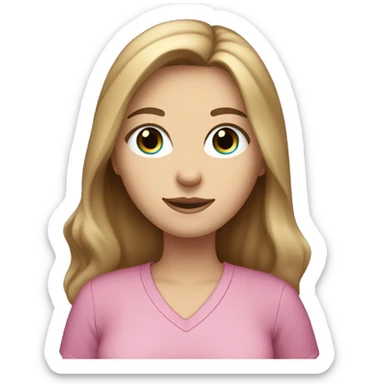 White woman with blue eyes and long dark hair wearing a pink shirt and holding a tabby cat sticker