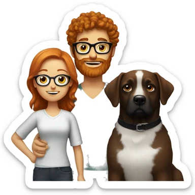 Redhead with beard and glasses standing by girl with curly hair and black dog with white chest  sticker
