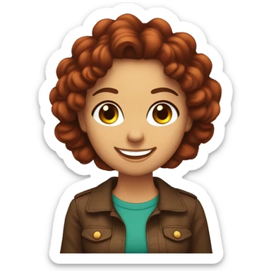 mujer con pelo rizado pelirrojo, sonriente y ojos marrones verdosos levantando las manos de alegría sticker