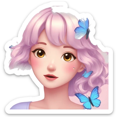 Gorgeous pastel anime style lady with blushing face and butterflies aesthetic trending style sticker