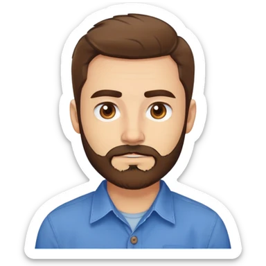 Head portrait of Puerto Rican actor René Monclova. Round face, wide jaw, light complexion. Expressive brown eyes, thick eyebrows. Short brown hair. Unkempt beard, medium length and brown. Friendly expression. Wearing a blue button-up shirt. sticker