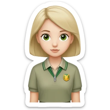 girl in a school uniform wearing a green polo, beige skirt, grey zipper jacket sticker