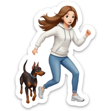 A beautiful girl with long hair wearing a white sweatshirt and jeans is running with a Doberman sticker