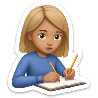 Girl coloring with pencil, writing on sketchbook sticker