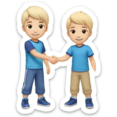 A cute 4-year-old Japanese boy with a big proud smile, shaking hands with another boy to make up after a fight, in a sunny park. Toys on the ground, both looking happy and relieved, warm friendship vibe, cartoonish style, vibrant colors, high detail. sticker