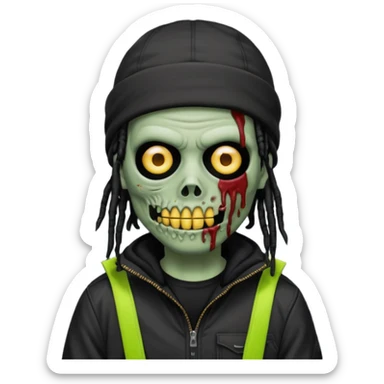 a zombie emoji with black dreads and a black carheartt jacket and black nike ski mask on his head sticker