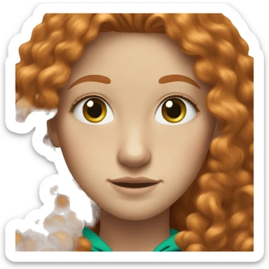 Redhead teenage girl with freckles and blue eyes. She’s wearing a green hoodie and she has long curly hair and blonde eye eyebrows. sticker