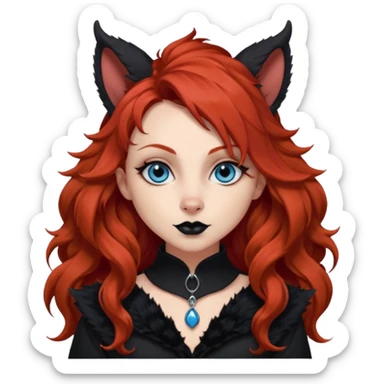  long curly red hair (darker), red pointed ears with black trim, black goth outfits, body and face human, blue eyes, more pointy chin, black lipstick, one big fluffy red squirrel tail with black tips, like the attached photo with more outfits and poses,  sticker
