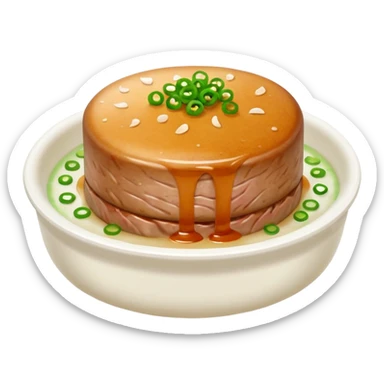 Emoji of a Chinese steamed pork patty in a small dish, topped with chopped scallions and steam rising, soft texture, minimal style. sticker