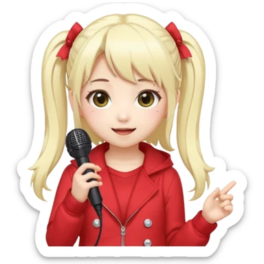 Cute kawaii emoji-style Japanese K-pop singer girl, long platinum blonde hair in twin tails, red outfit, holding a microphone, Japanese K-pop idol vibes, big sparkling eyes, chibi proportions, clean lineart, pastel colors, cheerful idol smile, sticker/emoji style, transparent background sticker