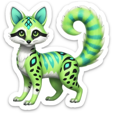 Rare realistic iridescent neon lime-green & cyan white black lush tropical exotic cute epic pretty beautiful handsome gorgeous aesthetic colorful vibrant Vernid-Protogen-Primagen-Wickerbeast-Genet-Trico-species-Fakemon-hybrid-creature by LiLaiRa, beautiful intricate markings, full body sticker