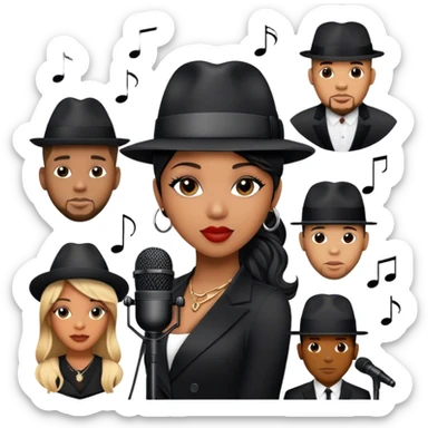Icon for R&B Music: collage of R&B artists—Victoria Monét, Summer Walker, Usher, Chris Brown, and Muni Long. Each represented by a silhouette or symbolic item like a microphone, fedora, or music notes, reflecting the soul and energy of R&B. Transparent background. sticker