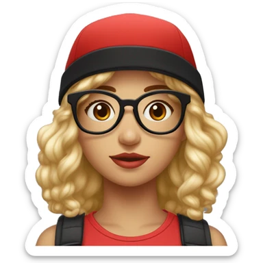 fille avec les cheveux noir avec les cheveux lisseavec une casquette rouge et une paire de lunette ronde, elle a les yeux plus petit que la norme et elle est mignonne, elle a la peau blanche  sticker
