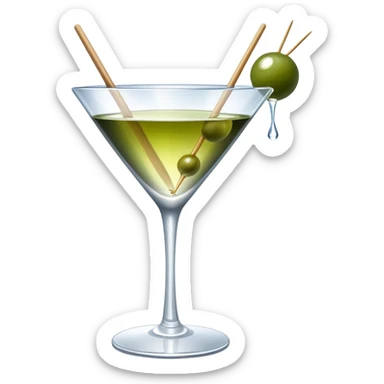 martini glass with crystal clear transparent liquid and an olive at the bottom skewered by a toothpick sticker