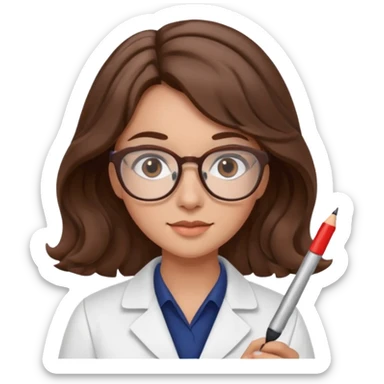 young women pharmacist studying science, wavy hair, with a pen and glasses sticker
