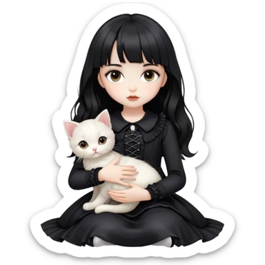 a pale white doll girl with medium wavy black hair and bangs with brown eyes wearing black gothic clothes with a white kitten on her lap sticker