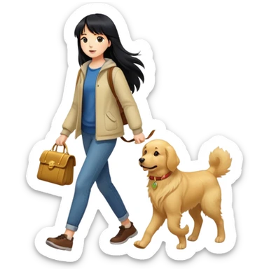 A girl with long black hair and bangs walking with a golden retriever sticker