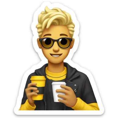 Cool yellow teenager with fashionable hairstyle, holding coffee in his hand sticker