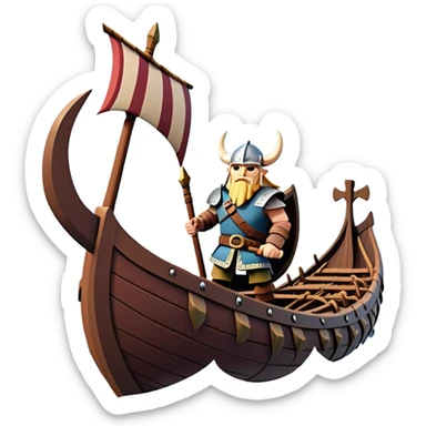 clash-of-clans-aesthetic_-cinematic-viking-longboat, rendered in a flat, bold vector style with minimal shading, featuring a striking dragon-headed prow slicing through waters. shields on the side and vikings rowing The longboat’s, the boat has carved motifs evoke a sense of epic adventure and Nordic might, with billowing sails catching a dramatic, stormy sky backdrop. sticker