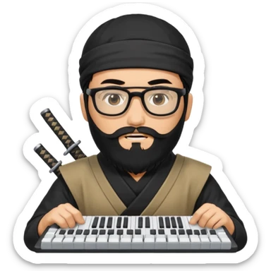 Man with black hair and beard wearing glasses in a ninja costume. Keep the top left version, make the beard longer and replace the sword with a keyboard  sticker