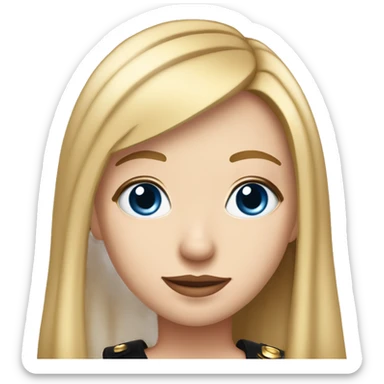 a girl with thick blonde and slightly light pink straight hair with blue eyes, with a straight nose with a piercing in the wing of the nose, thin lips, dressed in a black uniform with gold shoulder straps on which two letters KK sticker