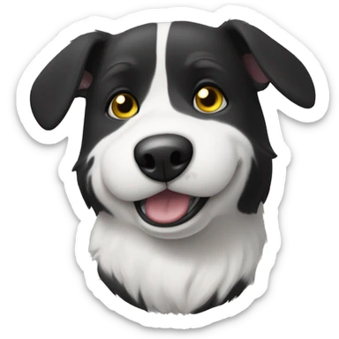 Black and white dog with one slightly floppy ear, and one year higher. She has a yellow collar with a round tag. Her mouth is closed. sticker
