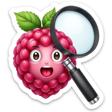 A single pink raspberry holding a magnifier sticker