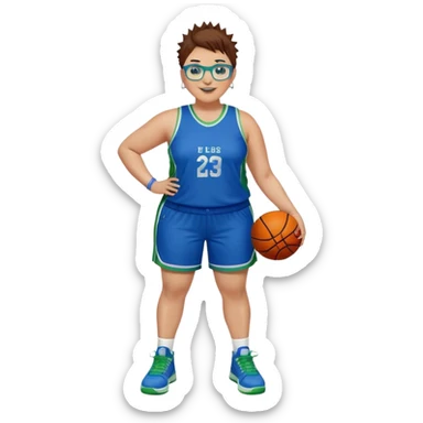 Full Body plus size white female basketball player with short medium brown hair with short spike hair wearing blue glasses 
With a small wide nose wearing blue green uniform  green sneakers smiling wearing silver hoop earrings sticker