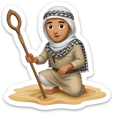 arab with stick looking for oil by banging stick in the sand sticker