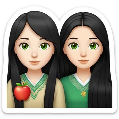 create an emojis, apple type like, two girls : 1st central Asian with straight black long hair, pale, black eyes. Second one is more European looking, brown/ kinda gold hair, just a little bit slightly wavy, green eyes    sticker