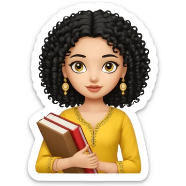 a pretty bratz girl with curly black hair wearing a yellow kurti, eyeliner, jhumkas, carrying books sticker