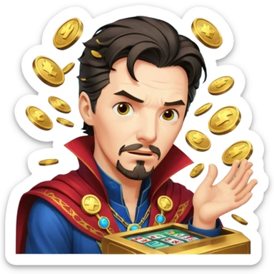 disheveled Doctor Strange losing money at a slot machine, panicked face, coins flying sticker